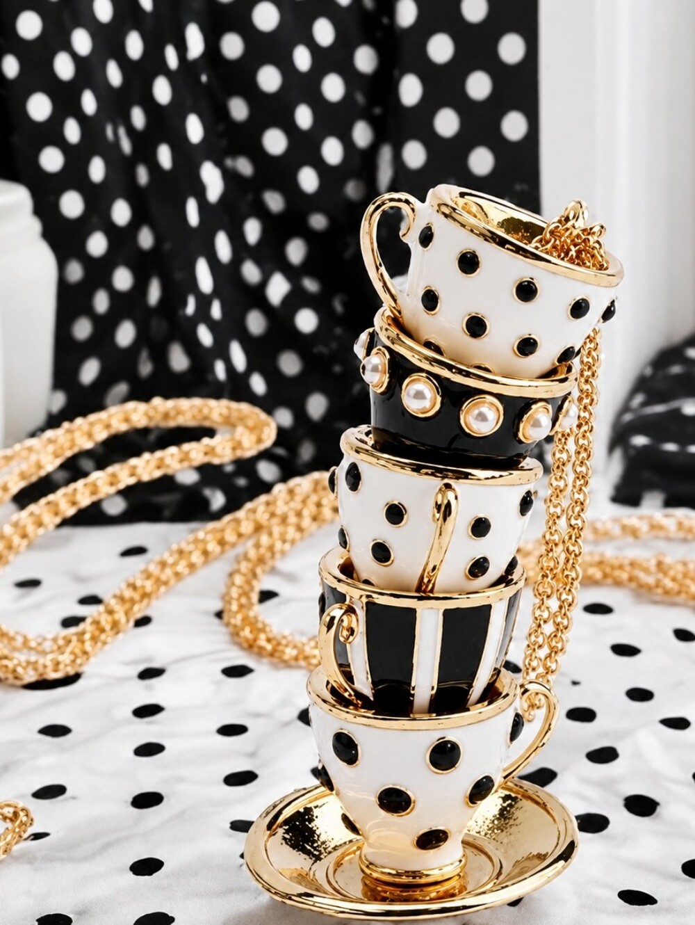 BETSEY JOHNSON STACKED TEACUP NECKLACE BLACK WHITE